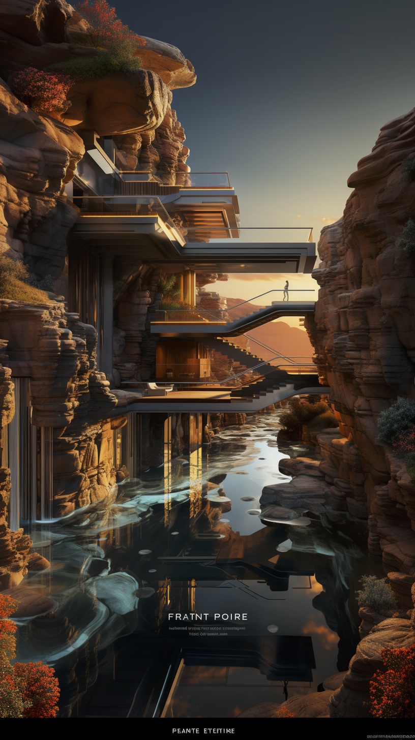 Renderman a poster of frank Lloyds Falling Water done in exquis 000471fd 983a 45ac a1d3 7ca6897219eb
