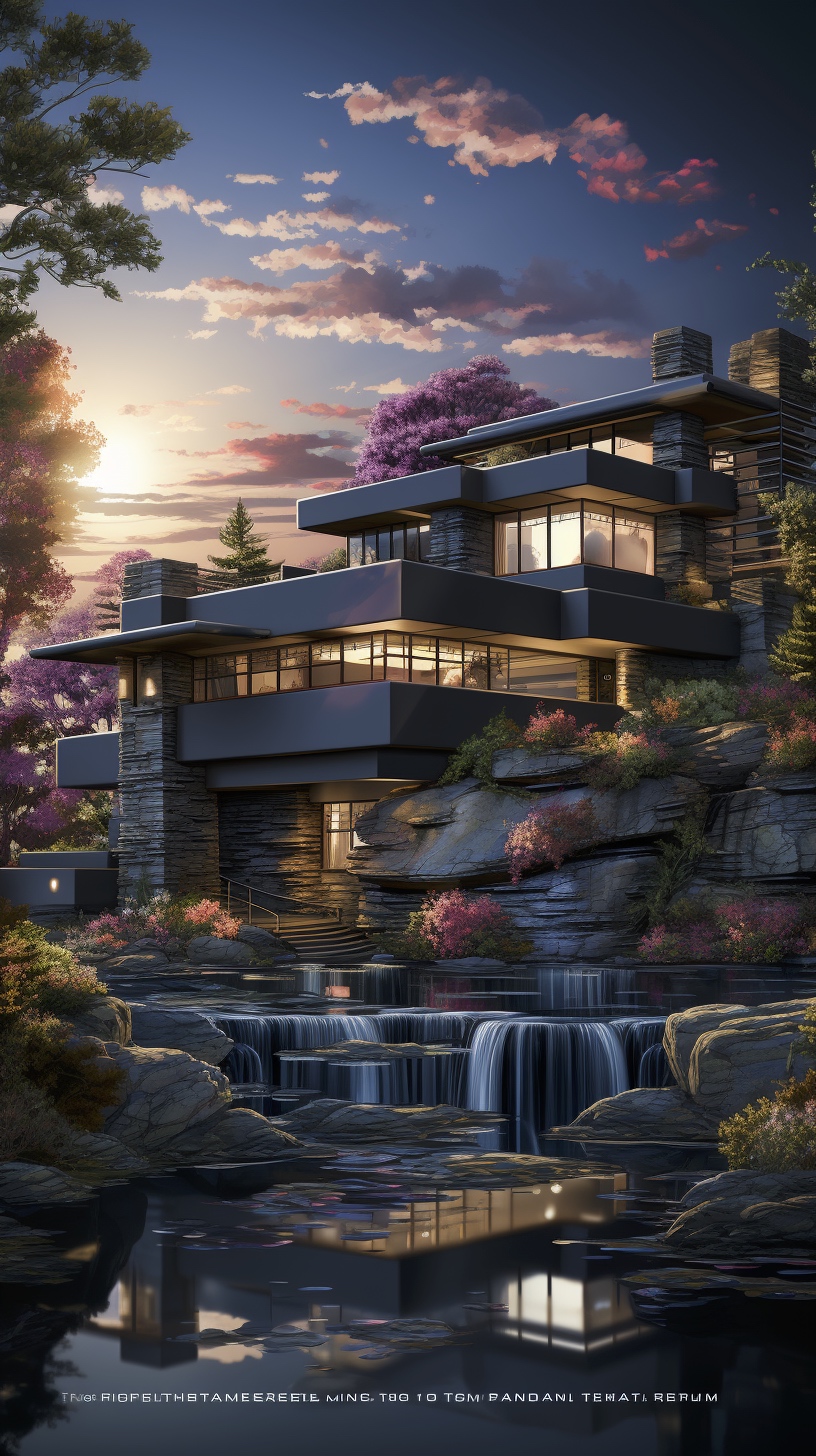 Renderman a poster of frank Lloyds Falling Water done in exquis 2faf04a9 903d 4b08 9eda b5629e7c43a7