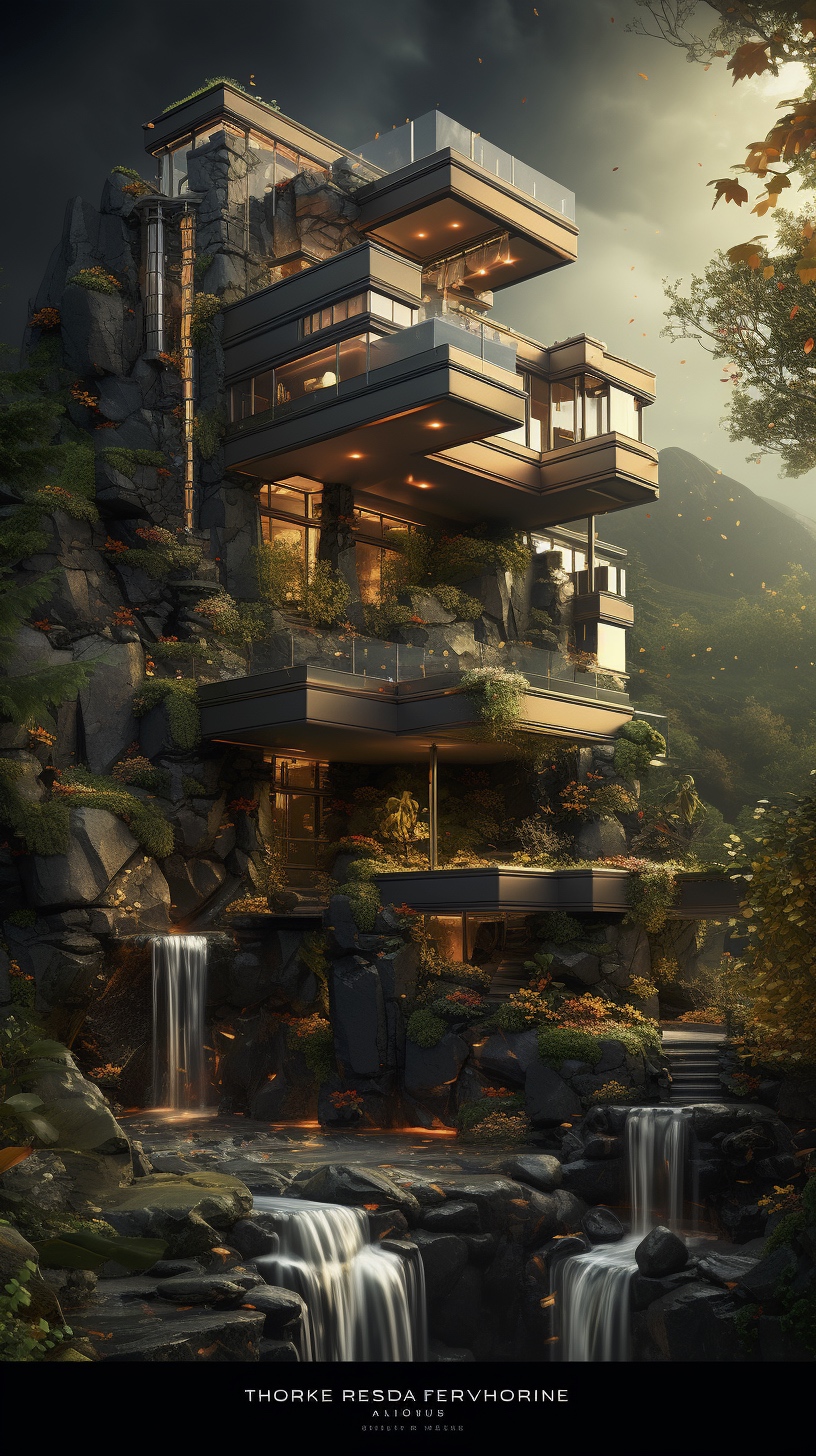 Renderman a poster of frank Lloyds Falling Water done in exquis 44693f99 d974 4efa a809 46ab38ca54c9