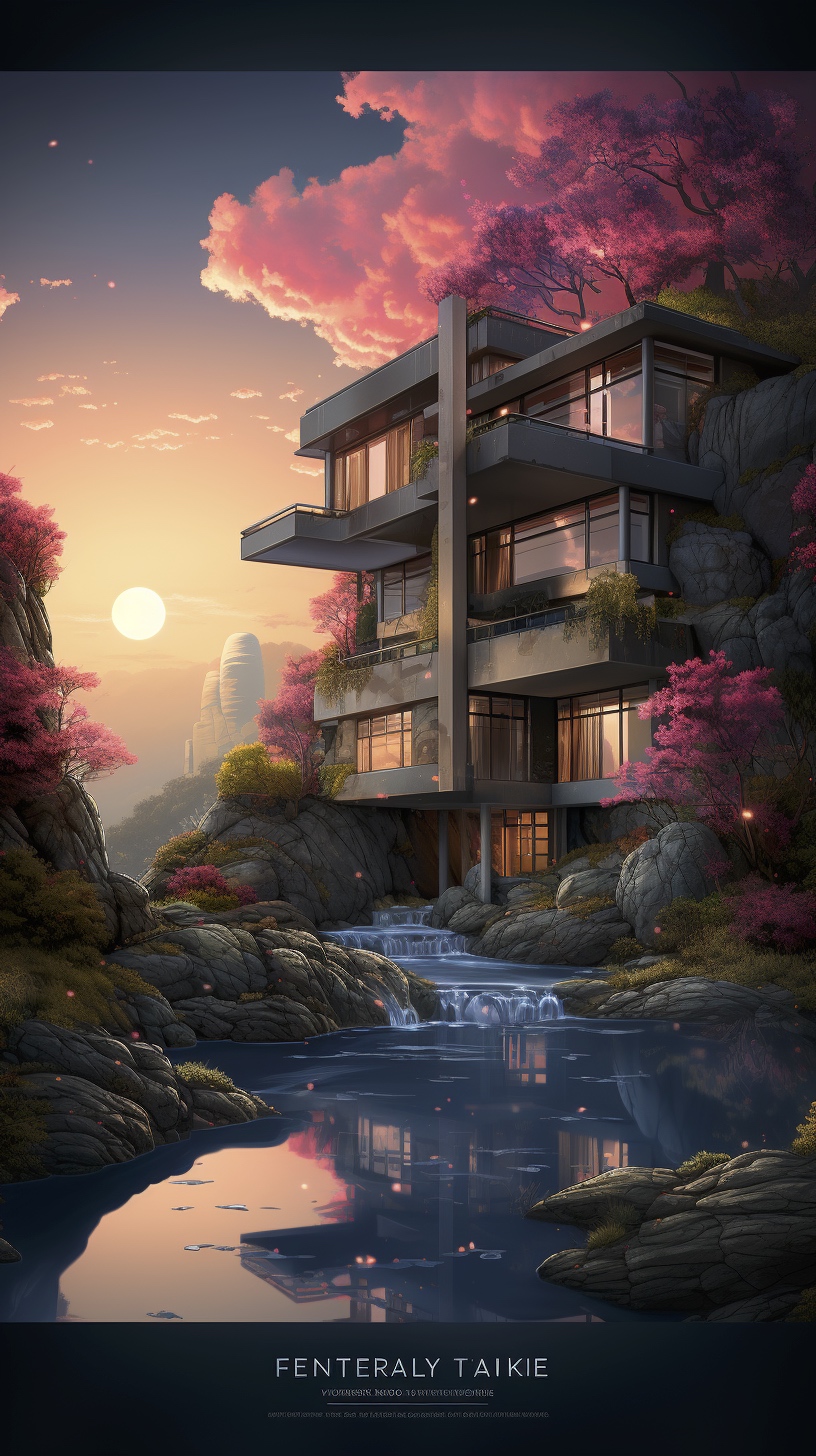 Renderman a poster of frank Lloyds Falling Water done in exquis 8f7457eb 6a86 4aae 87b4 c23842a6a5ef