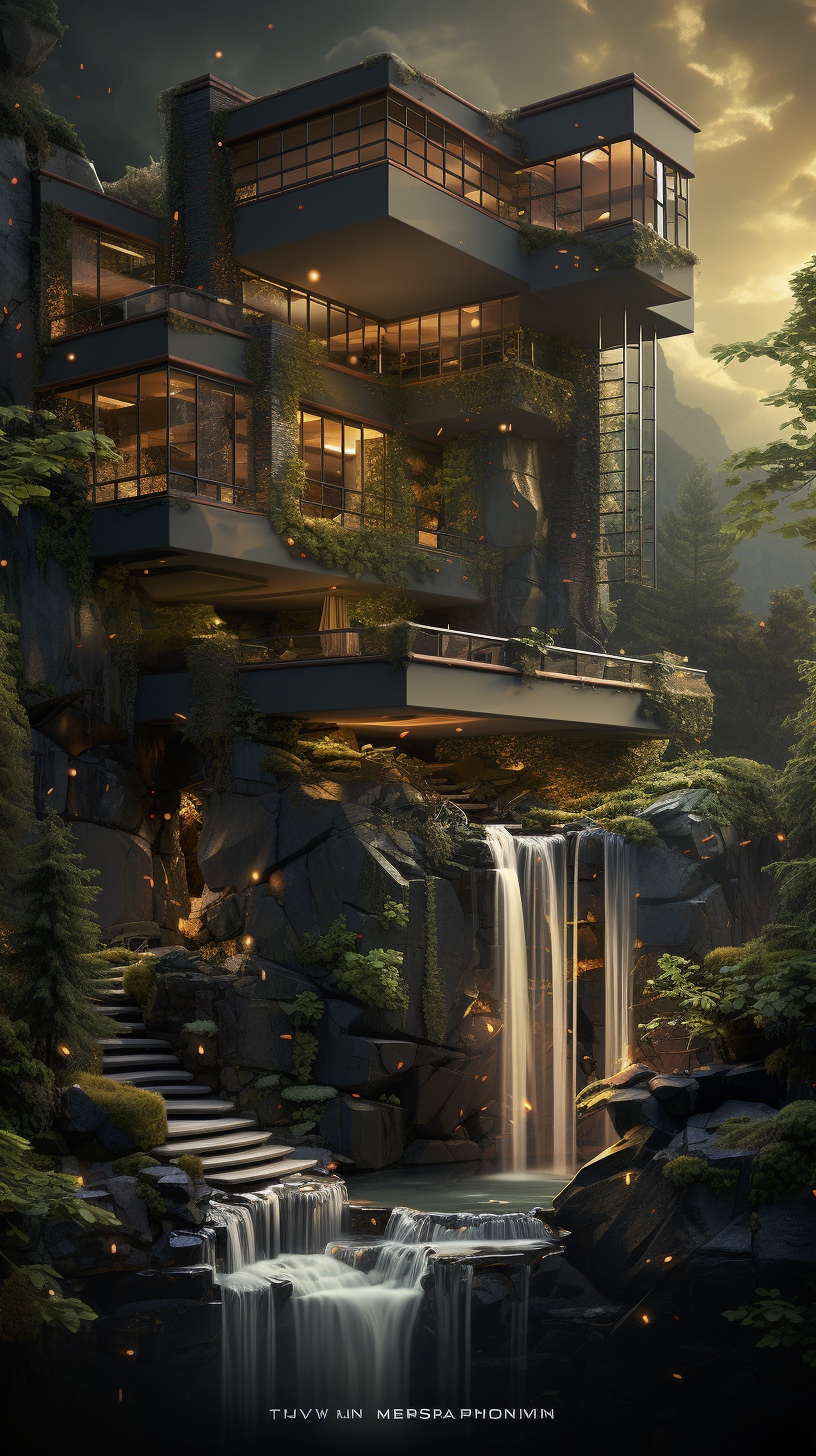 Renderman a poster of frank Lloyds Falling Water done in exquis a34a83b1 e0ce 4d90 a476 23d41837340f