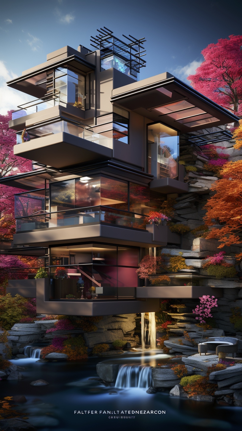 Renderman a poster of frank Lloyds Falling Water done in exquis bace832e 950c 439b 91d7 ffae7ac1c2db