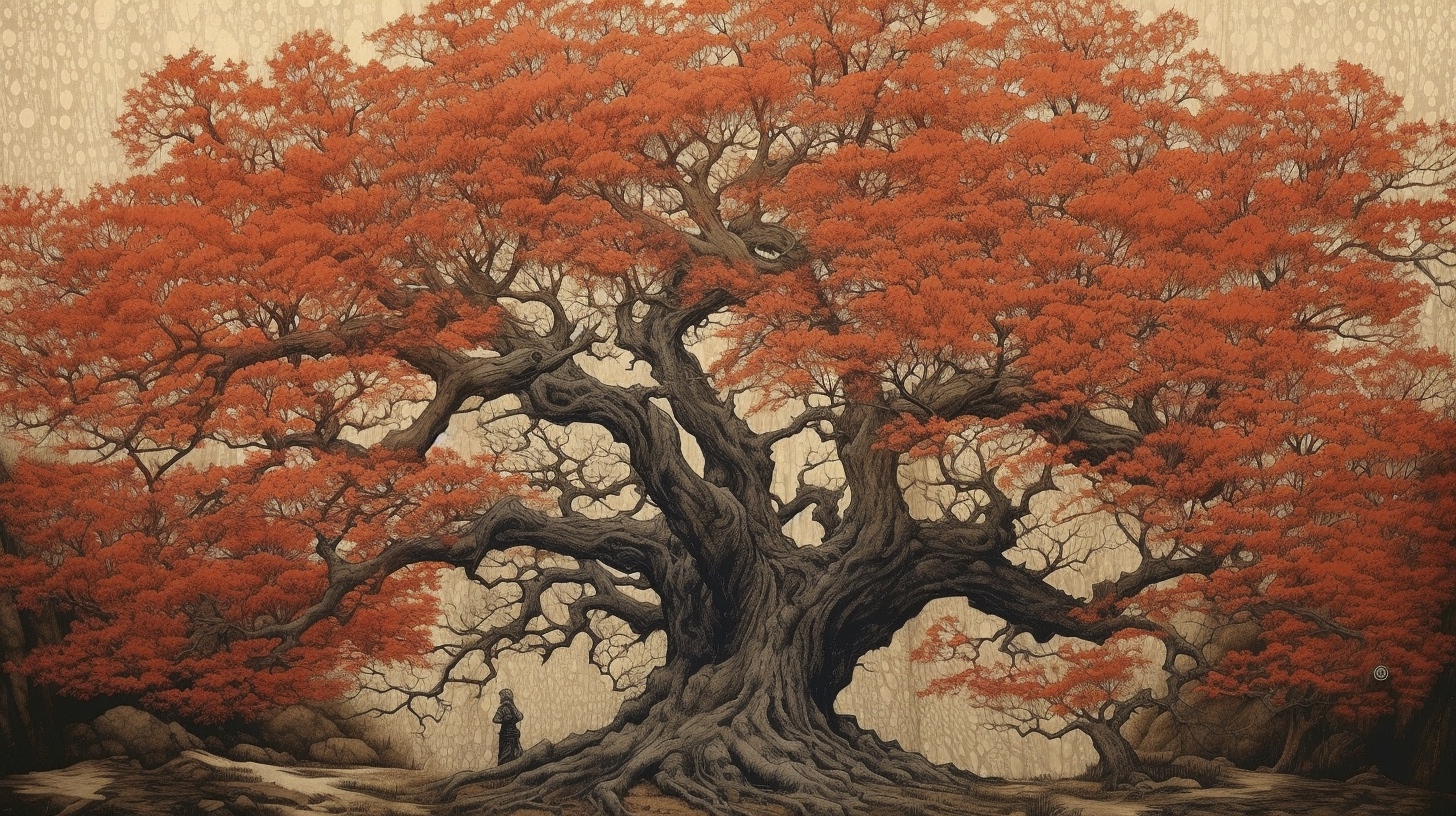 Renderman a tree  in the style of woodblock printing 2   ar 169 57e0d7ed 48bc 4d71 bd1d 5c27a1de7c48
