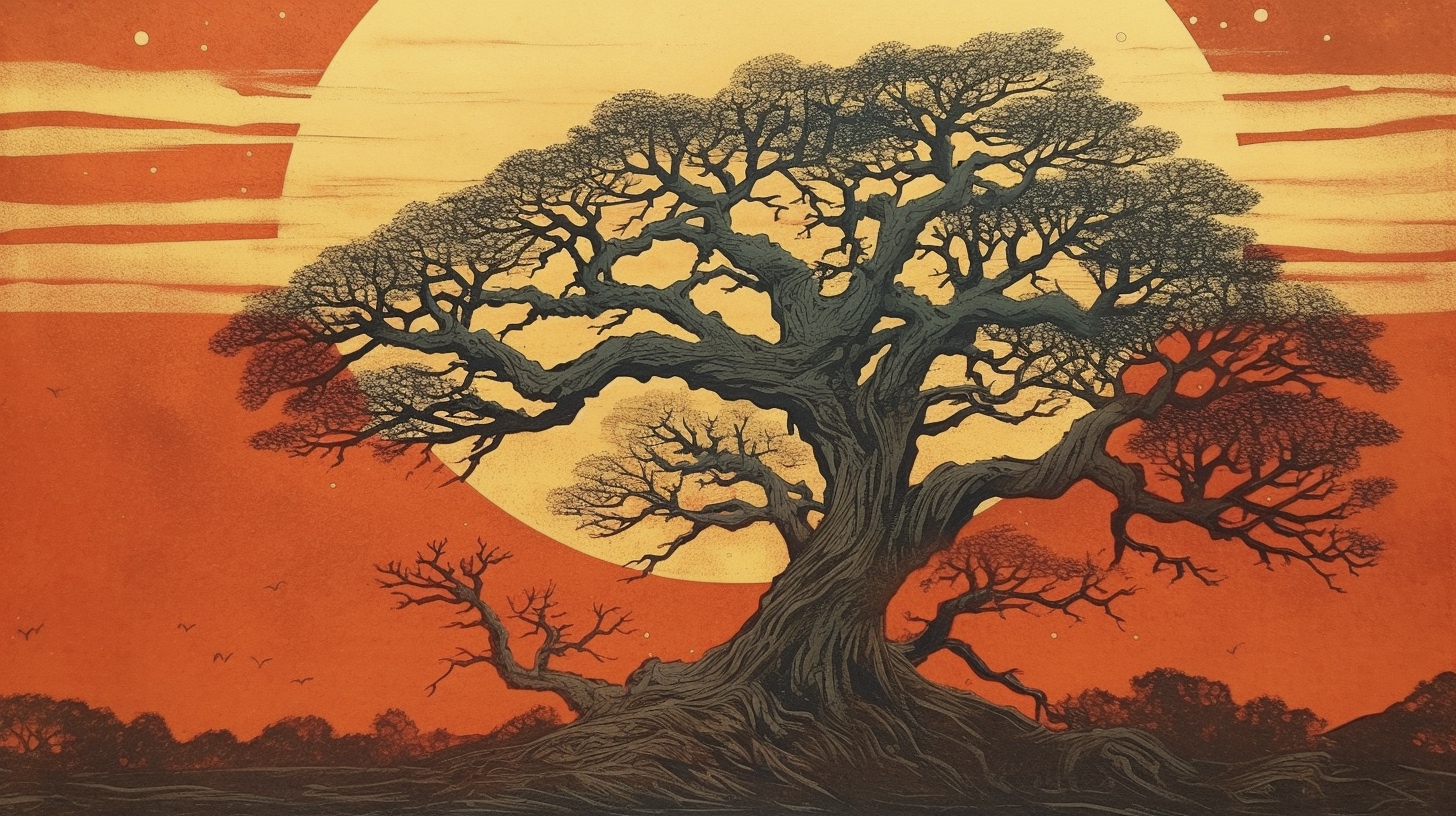 Renderman a tree  in the style of woodblock printing 2   ar 169 806e1536 4688 4e5f b474 dfb903a0ef21