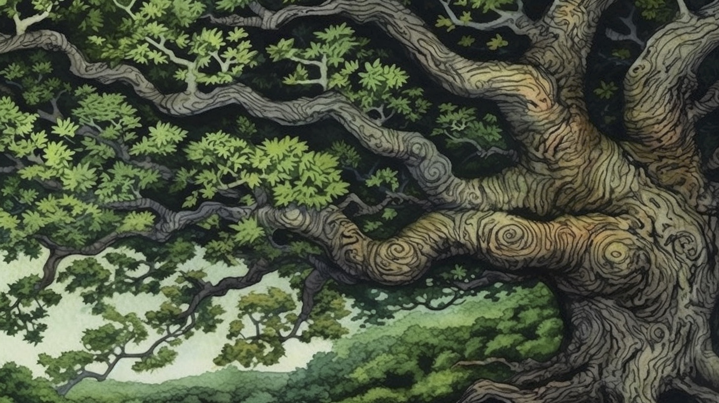 Renderman a tree  in the style of woodblock printing 2   ar 169 846ef6bd 1404 48e1 b74d 5176d3854146