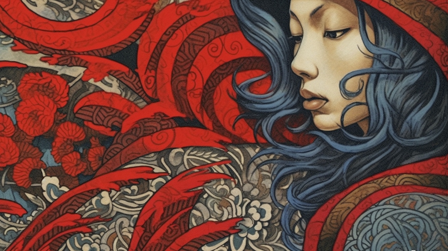 Renderman a woman  in the style of woodblock printing 2   ar 16 d47950d1 7db4 4a63 8864 d06b4d9e3369