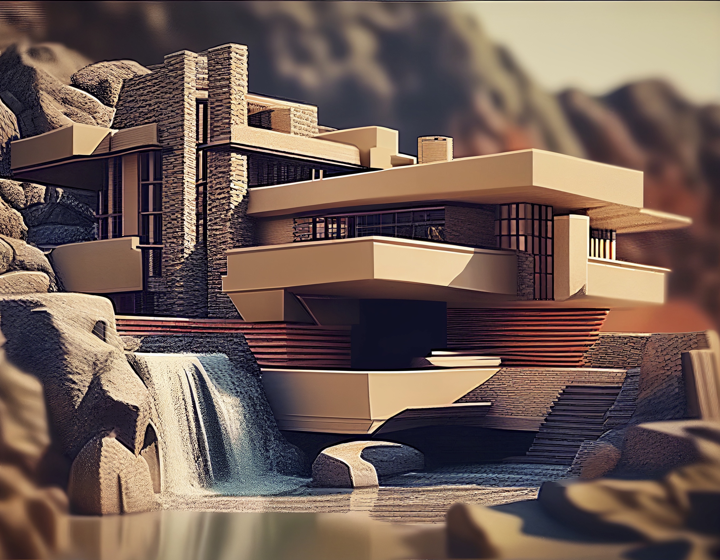 Renderman abstract graphic of Frank Lloyd Wright Falling Water  472d3a1f cf54 4136 9b63 4b9c6f840772