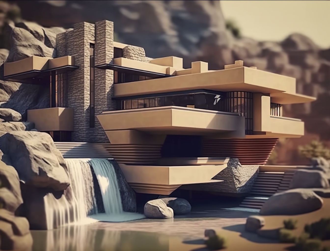 Renderman abstract graphic of Frank Lloyd Wright Falling Water  7ec141d5 fda2 48ce a13a b4fc46c8349f