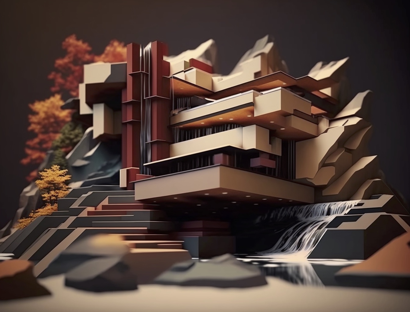 Renderman abstract graphic of Frank Lloyd Wright Falling Water  93d5a695 7ea7 4458 94e5 08a162d91fea