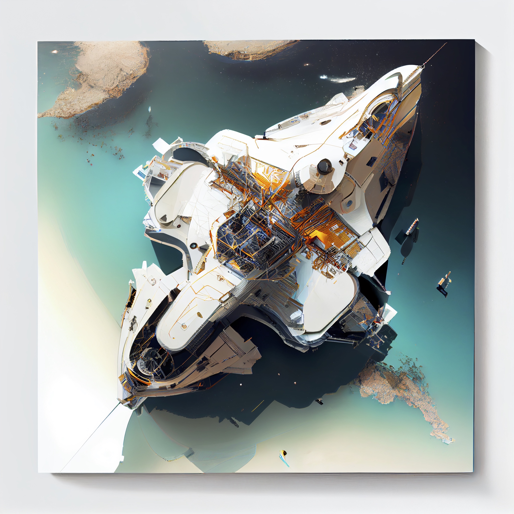 Renderman abstract of detailed futuristic spacecraft over water 052c17c7 45e2 40c0 a866 74fdcbfe7315