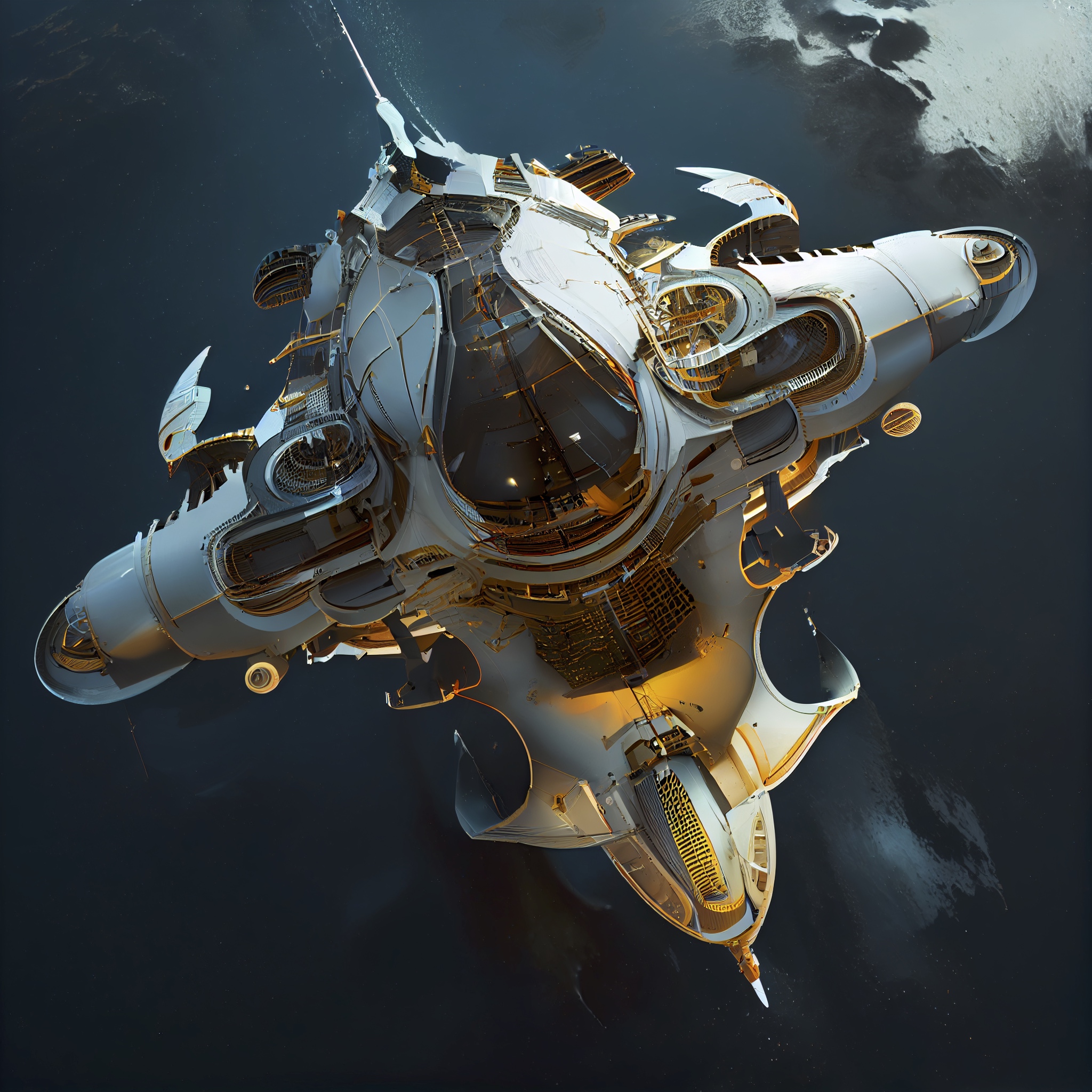 Renderman abstract of detailed futuristic spacecraft over water 3de9dc70 674c 4ca4 8ff5 b116c23443af