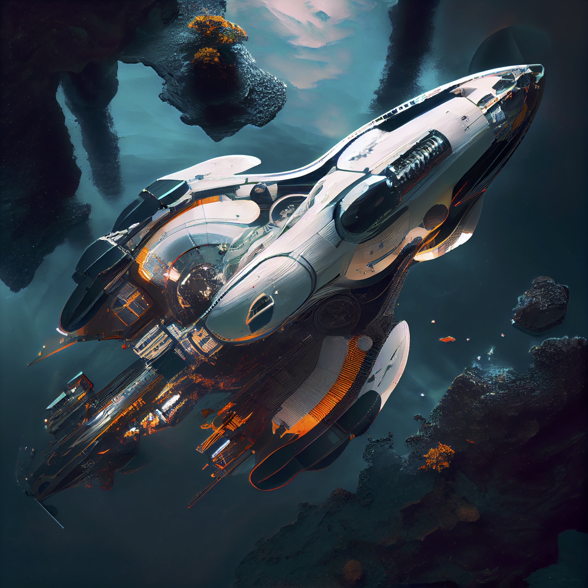 Renderman abstract of detailed futuristic spacecraft over water 9559d4df 65ee 4247 9141 f686ff8a8588