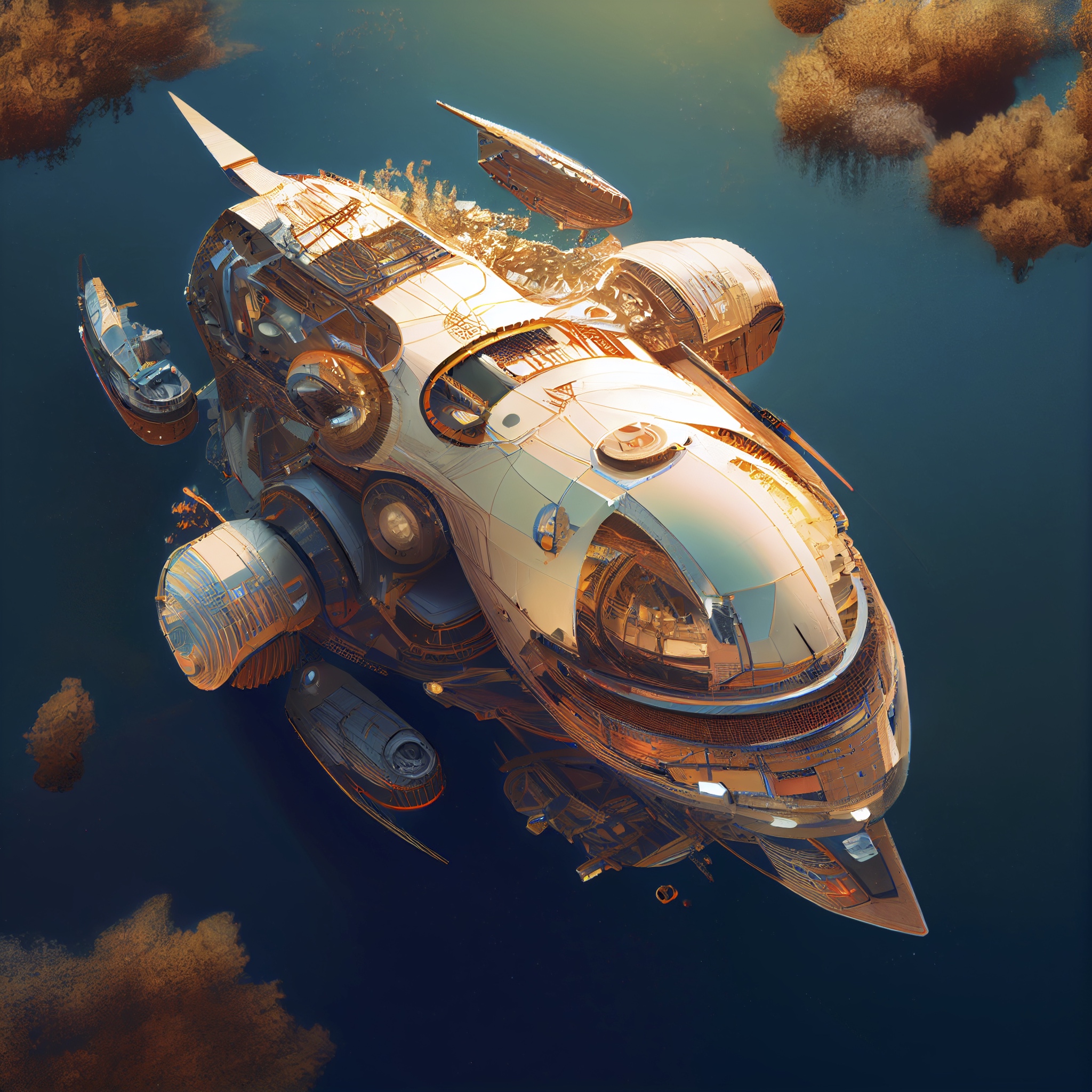 Renderman abstract of detailed futuristic spacecraft over water a1f0159c b50e 4377 8b10 799dfd6e01e4