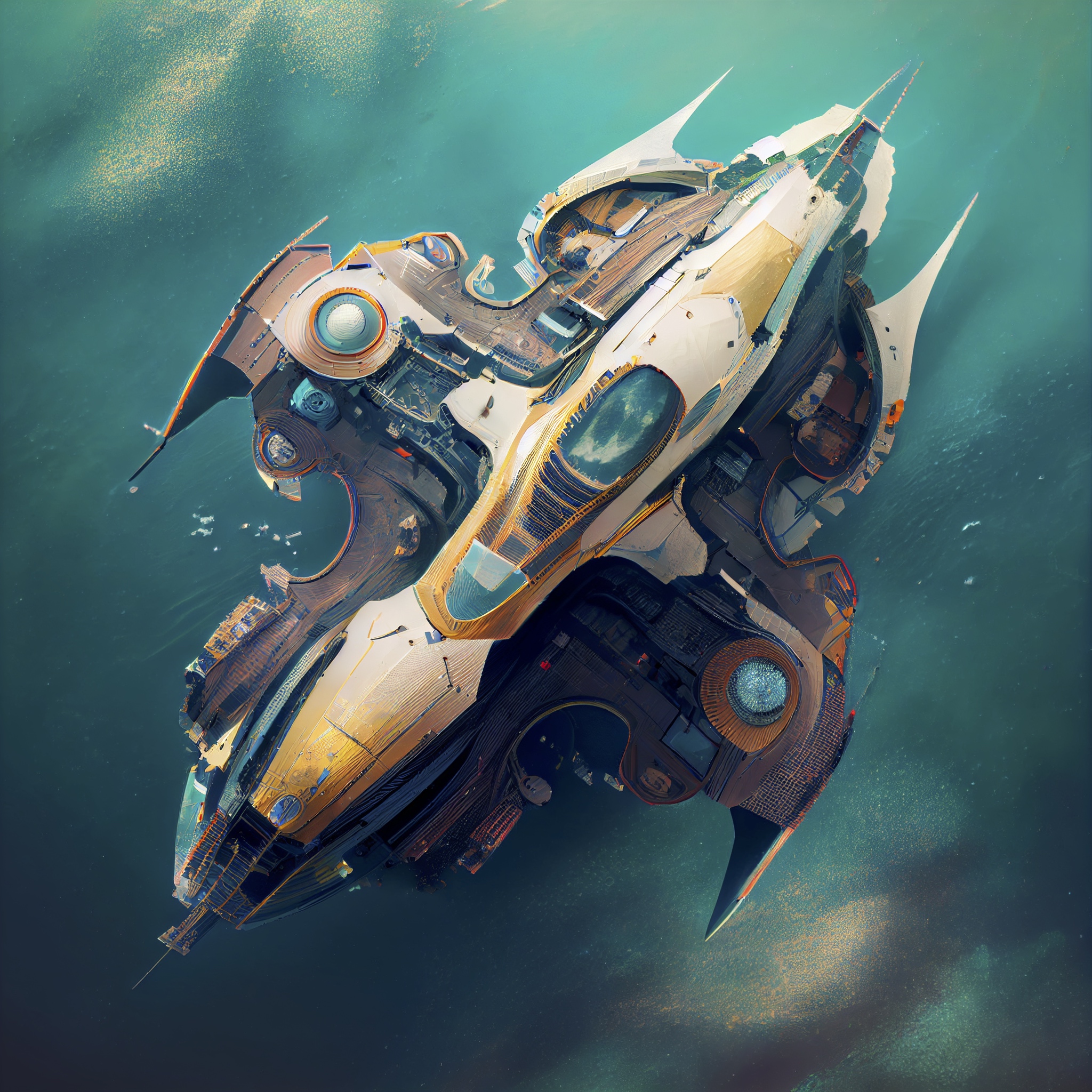 Renderman abstract of detailed futuristic spacecraft over water bb0d1a0c 0e0c 4342 ba2d 5b199ec755f7