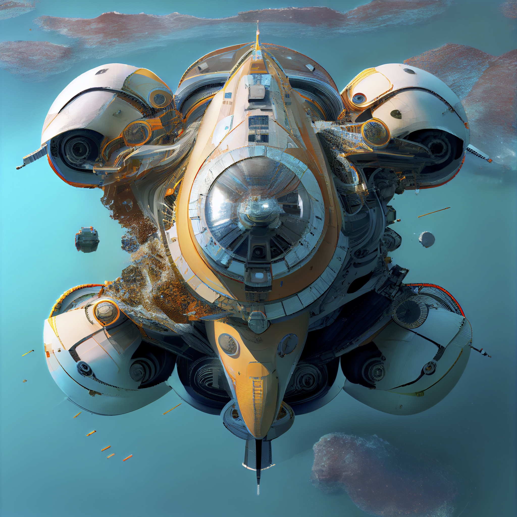 Renderman abstract of detailed futuristic spacecraft over water d8477329 eaf4 49da 986d 768ff1f8f50f