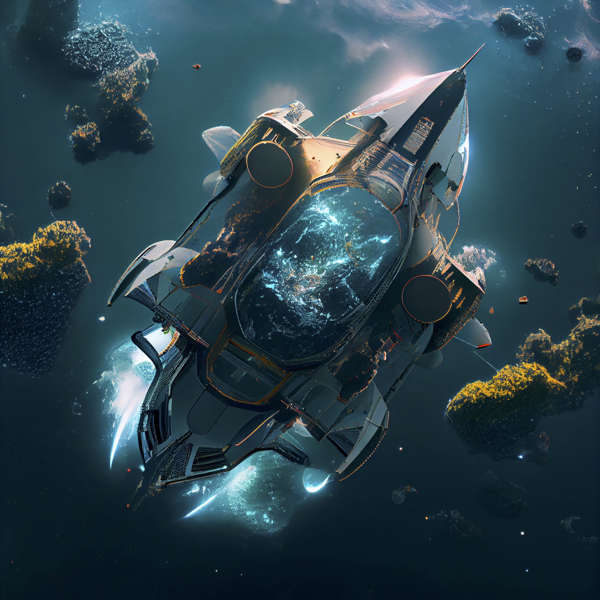 Renderman abstract of detailed futuristic spacecraft over water f590237d 1c6a 43ca 9c27 6d97ad864f2e